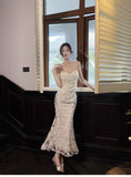 White Elegant 3D Flower Embroidery Spaghetti Straps Mermaid Birthday Party Dress HZ1108