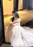 Sweet Pink Purple Lace Tulle Spaghetti Strap A-Line Prom Dresses HZ1108