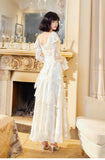 Elegant Light Apricot Chiffon Jacquard Long Sleeves Ruffled Evening Dress HZ1108