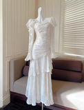 Elegant Light Apricot Chiffon Jacquard Long Sleeves Ruffled Evening Dress HZ1108