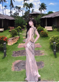 Vintage Beaded Chiffon Sheath Prom Dresses Backless Evening Dresses HZ1108