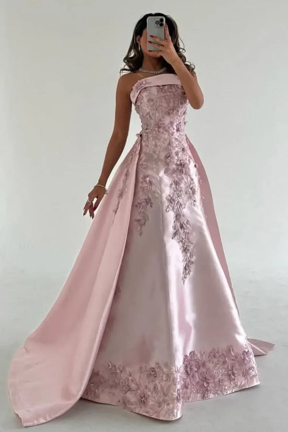 Elegant Pink A-Line Strapless Satin Prom Dress with Appliques Train Evening Gowns HZ1108
