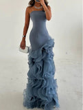 Dusty Blue Mermaid Strapless Long Tulle Prom Dress with Ruffle Evening Gowns HZ1108