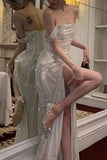 Elegant A-Line Off the Shoulder Evening Gowns Silver Sequins Long Prom Dress with Split Front HZ1108