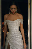 Elegant A-Line Off the Shoulder Evening Gowns Silver Sequins Long Prom Dress with Split Front HZ1108