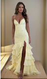 Stunning Lilac Mermaid Spaghetti Straps Silt Prom Dress Backless Lace Applique Evening Dress with Ruffles HZ1108