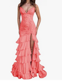 Stunning Lilac Mermaid Spaghetti Straps Silt Prom Dress Backless Lace Applique Evening Dress with Ruffles HZ1108