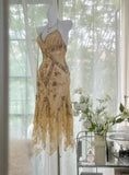 Fascinating Vintage Gold V-Neck Spaghetti Straps Lace Beading Short Prom Dresses HZ1108