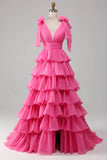 Gorgeous Gold V-neck Glitter Satin Layered A-Line Prom Dresses Sweet Formal Evening Dress HZ1108