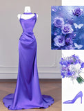 Elegant Purple Strap Mermaid Satin Backless Long Prom Dresses Formal Evening Gowns HZ1108