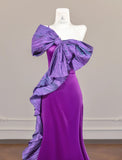Fairytale Purple One Shoulder Mermaid Satin Bow Long Prom Dresses Sweet Evening Gowns HZ1108