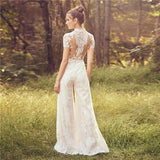 Lace Jumpsuit Wedding Dresses 2023 High Neck Short Sleeve Tulle Ivory Long Pants Bridal Gown With Pockets Button Back