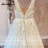 Champagne V Neck Lace Appliques Wedding Dress 2023 with Shiny Tulle Vestidos Garden A Line Backless Bridal Gowns