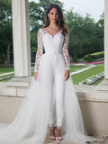 Sleeve Jumpsuit Wedding Dresses With Detachable Train 2023 Lace Appliques Tulle Pants Suit Bridal Gown Button Back Elegant