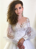 Beach Wedding Dress A-Line Long Puff Sleeve Sheer Illusion Back Lace Appliques Bride Gown Vestido De Noiva