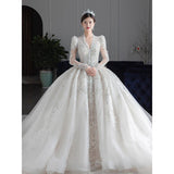 Sleeved Winter Wedding Dress 2023 New V Neck Luxury Long Sweep Train Beading Princes Wedding Gown Vestido De Noiva
