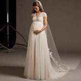 Wedding Dress Pregnant Woman Open Back V-Neck Elegant Plus Size Bridal Gown Cap Sleeve Lace Tulle robe de mariée Custom