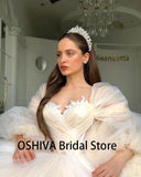 Wedding Dresses with Detachable Puffy Sleeves Lace Appliques Pleated Long Boho Wedding Gown Champagne Bride Dress