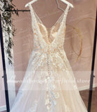 Floral Appliques Wedding Dresses 2023 V Neck Backless A-Line Court Train Tulle Bridal Gowns Vestido Robe Mariee