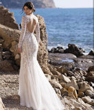 Beach Mermaid Wedding Dress Long Sleeve V-Neck Lace Appliques Sexy Open Back Tulle Bride Gown Train Vestidos De Noiva