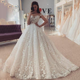 Chic Ivory Lace And Beading BallGown Wedding Dresses Scoop Neck Cap Sleeves BOHO Bridal Gowns With Beading Belt vestido de