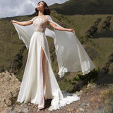 Chiffon Wedding Dresses With Cape 2023 A-Line Side Slit O-Neck Lace Appliques Sexy Open Back Sweep Train Bridal Gown