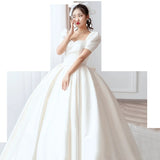 New Luxury Satin Wedding Dress Pure White With Train Simple Bridal Ball Gown Plus Size Custom Made Lace Up Vestido De Noiva