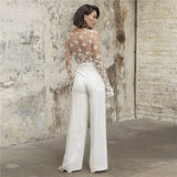 Long Sleeve Jumpsuit Wedding Dresses 2023 Lace Appliques V-Neck Bridal Gown With Pants Sexy Illusion Tulle Custom Made