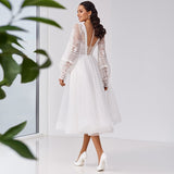 Tea Length V-Neck Wedding Dress Lantern Long Sleeve Lace Illusion Button Back Boho Beach Short Bridal Gown For Women