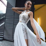 Sexy Side Split Halter Wedding Dress A-Line Sleeveless Lace Appliques Backless Sweep Train Chiffon Bridal Gown