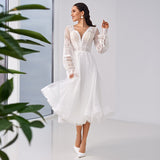Tea Length V-Neck Wedding Dress Lantern Long Sleeve Lace Illusion Button Back Boho Beach Short Bridal Gown For Women