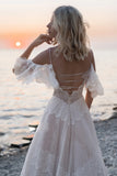 Wedding Dresses Tempting Nude Champagne V Neck Chic Sleeves Straps Ruffles Lace A Line Backless Bridal Gowns