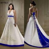 Ivory and Royal Blue A Line Wedding Dresses Halter Neck Embroidery beading Court Train Lace Up Bridal Gowns Custom Made 925