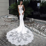 Sleeveless Mermaid Wedding Dresses 2023 Sheer Scoop Neck Lace Appliques Vintage Bridal Gown Blackless Sweep Train
