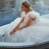 Champagne Princess Lace Flowers Beach Wedding Dresses Sexy Backless Deep V-Neck Glitter Tulle Bridal Gowns vestido de novia
