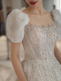 Wedding Dress 2023 Star Sky Long Train High Waist For Pregnant Crystal Shinny Bride Dress Short Sleeve Ball Gown Dresses