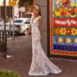 Elegant Wedding Dress Mermaid Illusion Scoop Neckline Lace Floral Appliques Satin Bridal Gowns Sexy Backless Brides Dress