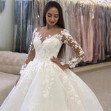 New V Neck Long Sleeve Wedding Dresses Saudi Arabia Lace Bridal Gowns Court Train Elegant Lace Bridal Gown Vestido De Noiva