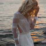 Vintage V Neck Boho Wedding Dress 2023 Ruffles Long Sleeves Lace Bohemian Bridal Gown A Line Vestidos De Novia Beach