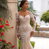 Sleeve Lace Mermaid Wedding Dresses 2023 Appliques Beads Tulle Bridal Gown For Women V-Neck Sexy Open Back Real Photos