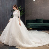 Vestido de Noiva Half Sleeve Royal Train Custom Wedding Dress High Neck Applique Lace Bridal Ball Gown Dress Robe De Mariee