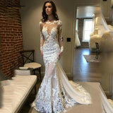Sleeves Lace Mermaid Wedding Dress Scoop Gelinlik Vestido De Noiva Court Train White Long Bride Dresses trouwjurk