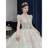 Sleeved Winter Wedding Dress 2023 New V Neck Luxury Beading Princes Wedding Gown Vestido De Noiva