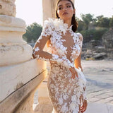 Arabia Mermaid Wedding Dresses High Collar Side Split Illusion Lace Appliques Long Sleeve Boho Bridal GownsSweep Train