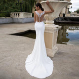 Mermaid Wedding Dresses 2023 Sheer O-Neck Sleeveless Lace Appliques Sweep Train Chiffon Bridal Gown With Button Back