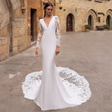 Long Sleeve Mermaid Wedding Dresses 2023 V-Neck Bridal Gown For Women Sweep Train Button Back Satin Gorgeous Custom Made