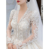 Sleeved Winter Wedding Dress 2023 New V Neck Luxury Beading Princes Wedding Gown Vestido De Noiva
