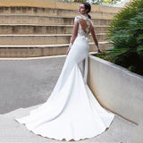 High Neck Long Sleeve Mermaid Wedding Dress Satin 2023 Lace Appliques Bridal Gown With Bow Gorgeous Train Button Back