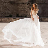 Lace Long Sleeve Wedding Dress Mermaid Sexy V-Neck Bridal Gown Appliques Open Back Spandex And Tulle Train Custom Made
