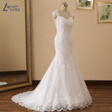 Sleeves Mermaid Wedding Dress 2023 Sweetheart Lace Appliques Beading Vestido De Noiva Long Bride Gown Button Illusion Back